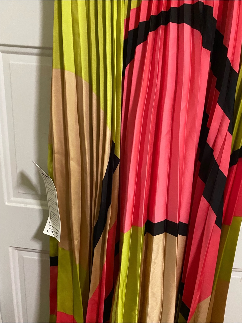 Cache Pleated Hi‑Low Spaghetti Strap Dress in Lime Green, Coral and Black - Picture 4 of 6